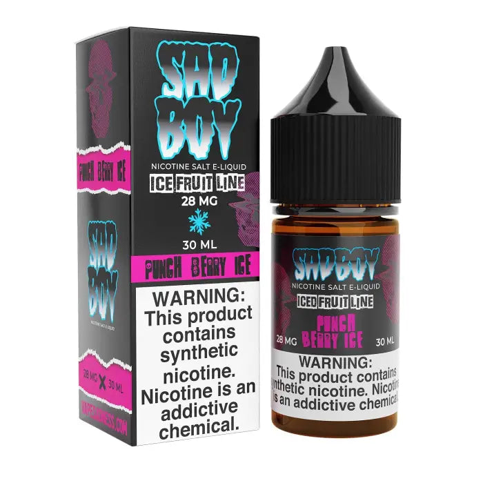 E-liquid bottle and packaging for a vape product called ’Sad Boy Ice Fruit Line’.