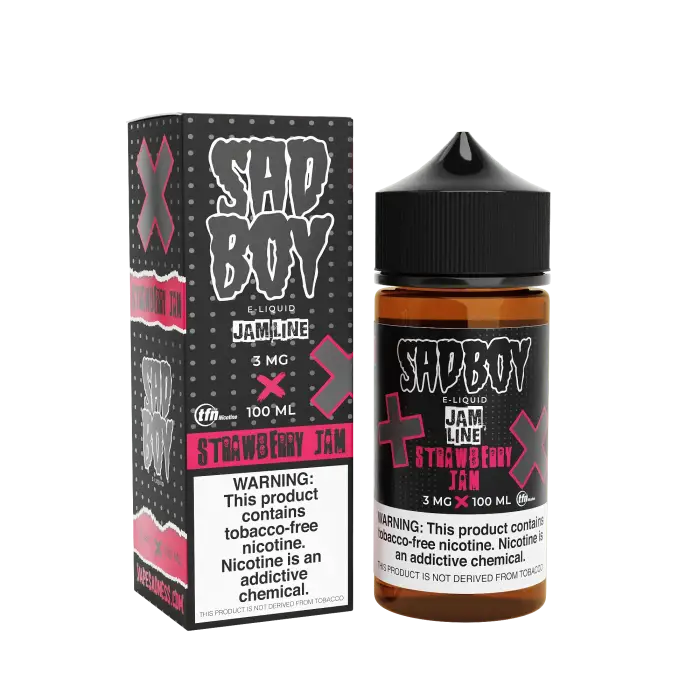 E-liquid bottle and packaging for a vape product called ’Sad Boy’ in strawberry flavor.