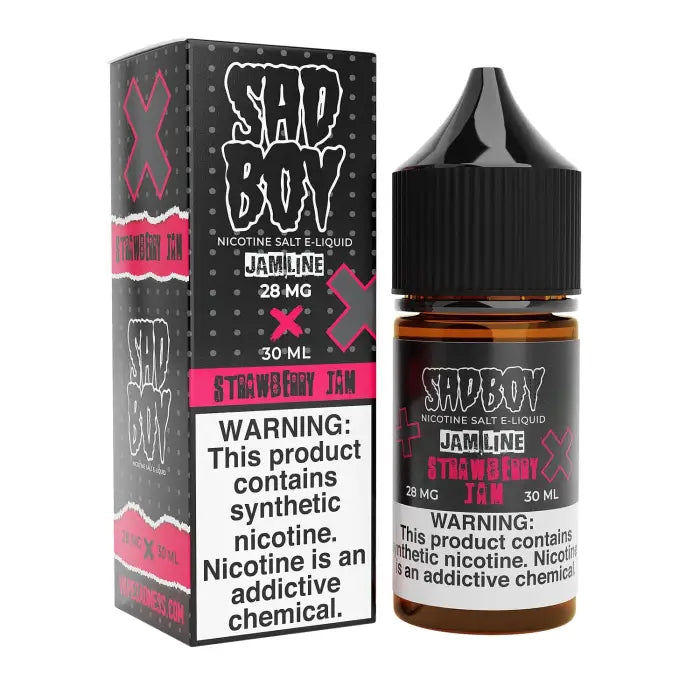 Vape juice bottle and packaging labeled ’Sad Boy’ in black and pink colors.