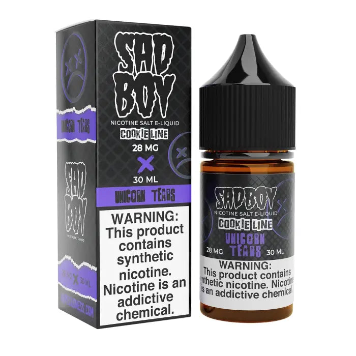 E-liquid bottle and packaging for a vape product called ’Sad Boy Purple Tear.’