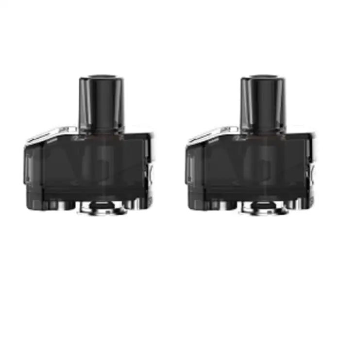 Two identical black vape pods or cartridges with cylindrical mouthpieces.