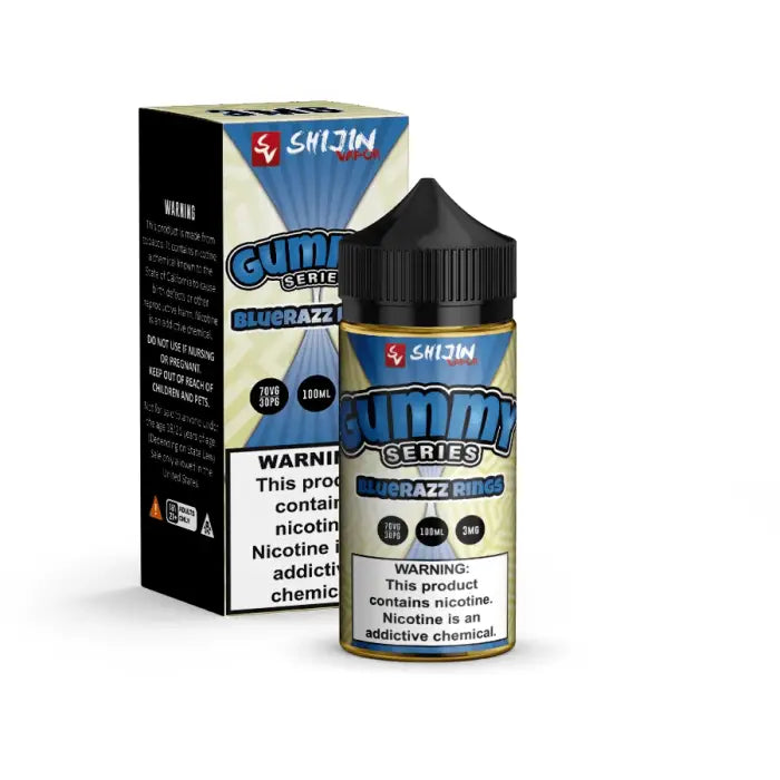 E-liquid bottle and packaging for ’Gummi Series’ vape juice in blue razz flavor.