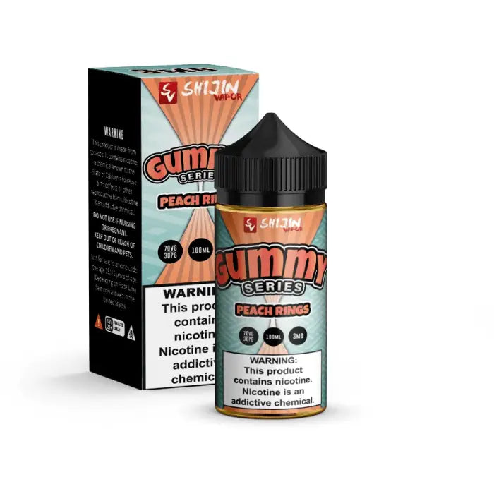 E-liquid bottle and packaging for ’Gumi Series Peach Rings’ vape juice.