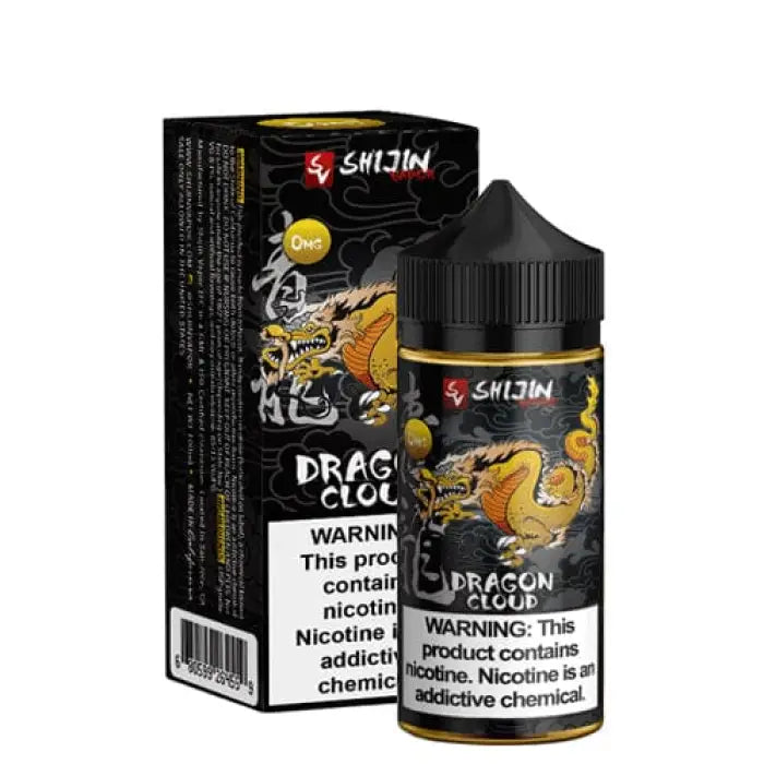 E-liquid bottle with packaging featuring a dragon design and ’Dragon Cloud’ branding.