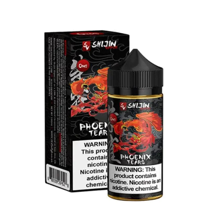 E-liquid bottle and packaging for a vape product called ’Phoenix Tears’ by Shijin.