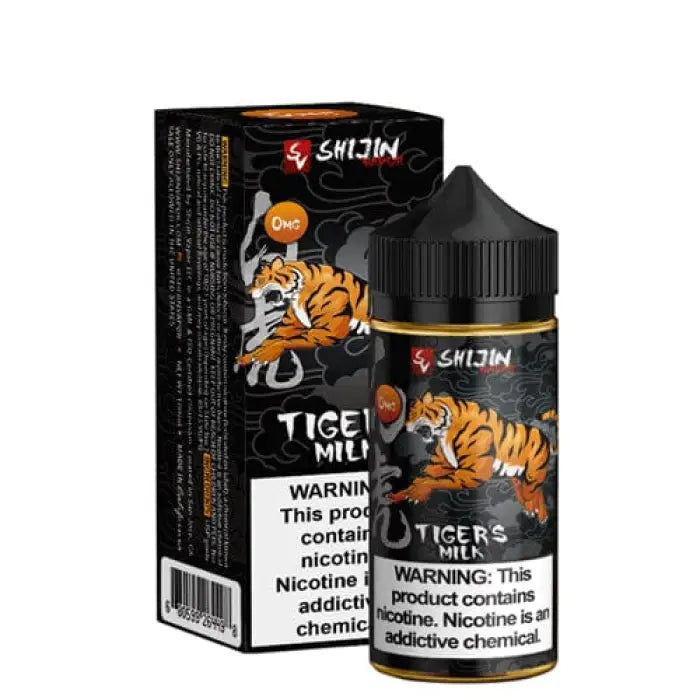 E-liquid bottle with packaging featuring a tiger design.