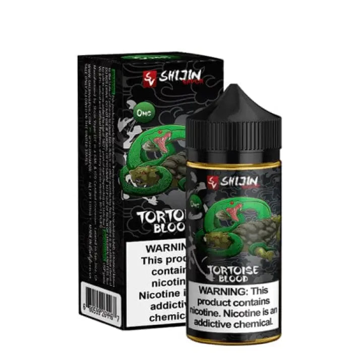 E-liquid bottle with packaging featuring a green turtle-like creature design.