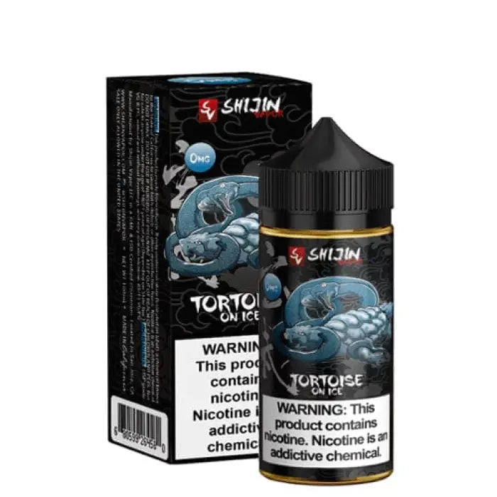 E-liquid bottle and packaging featuring a turtle-themed design with dark colors and warning labels.