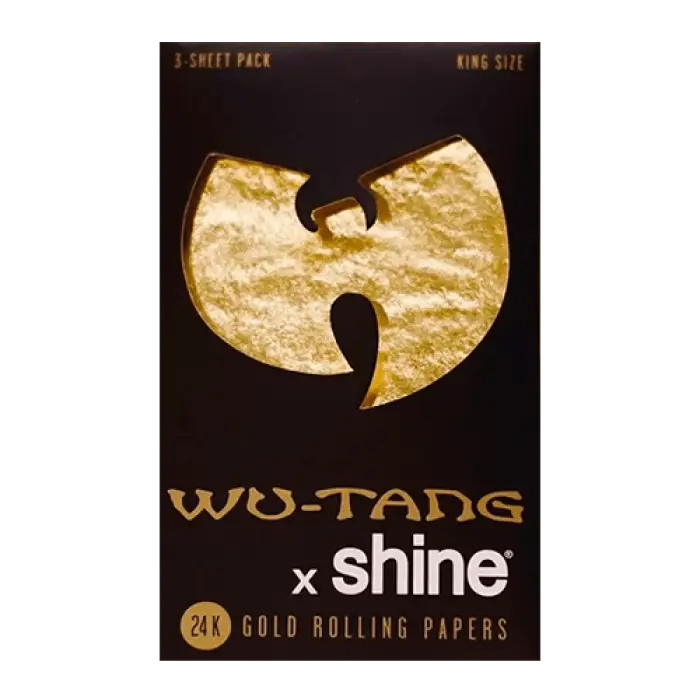 Gold rolling papers packaging featuring the Wu-Tang Clan logo and ’Shine’ branding.