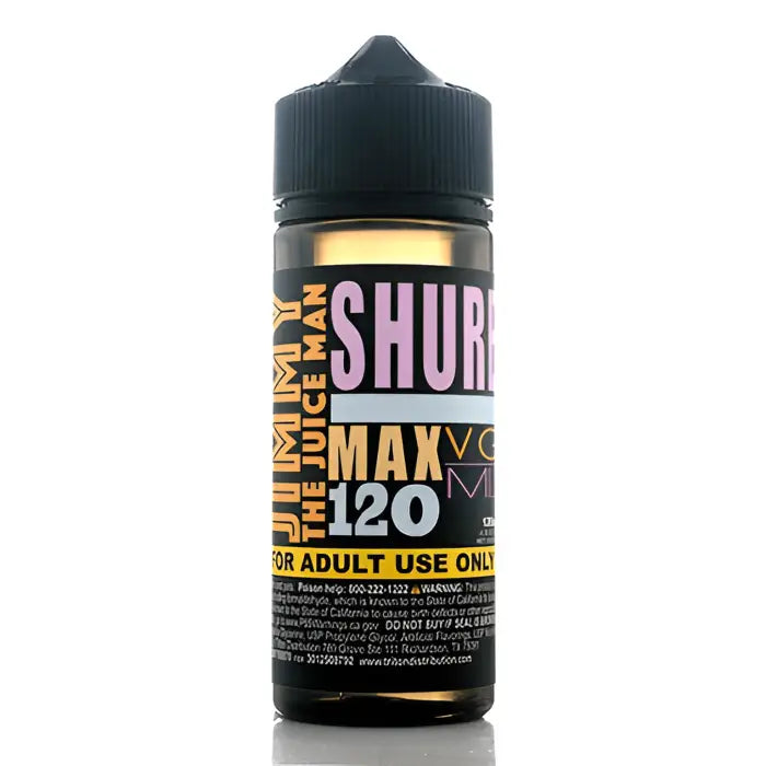 Black e-liquid bottle with colorful text labeling for ’Shurb Max 120’’ vape juice.