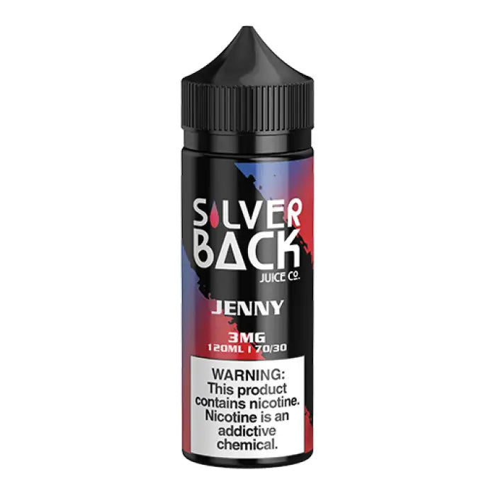 Black bottle of e-liquid labeled ’Silver Back’ with a colorful gradient design.