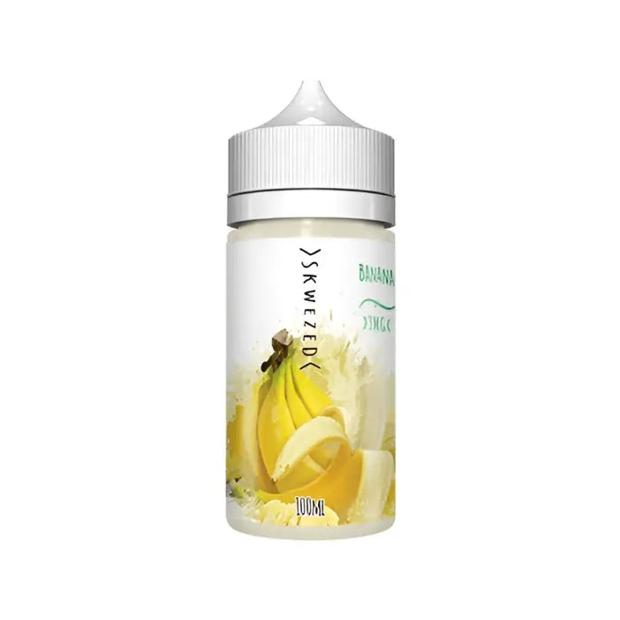 Bottle of banana-flavored e-liquid or vape juice with a label featuring banana illustrations.