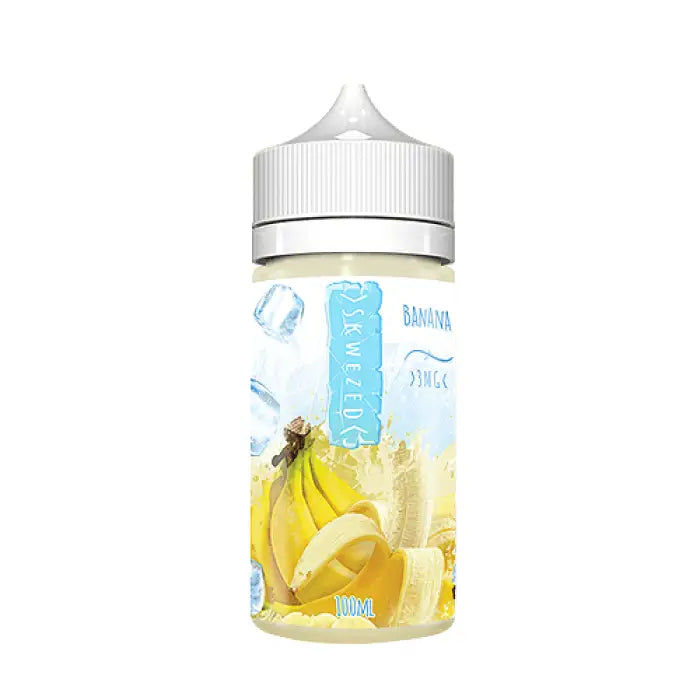 Bottle of banana-flavored e-liquid or vape juice with a white cap and blue label.