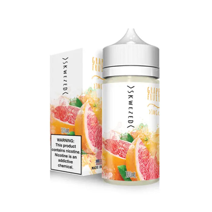 Bottle of e-liquid or vape juice with a grapefruit flavor design on the label and packaging.