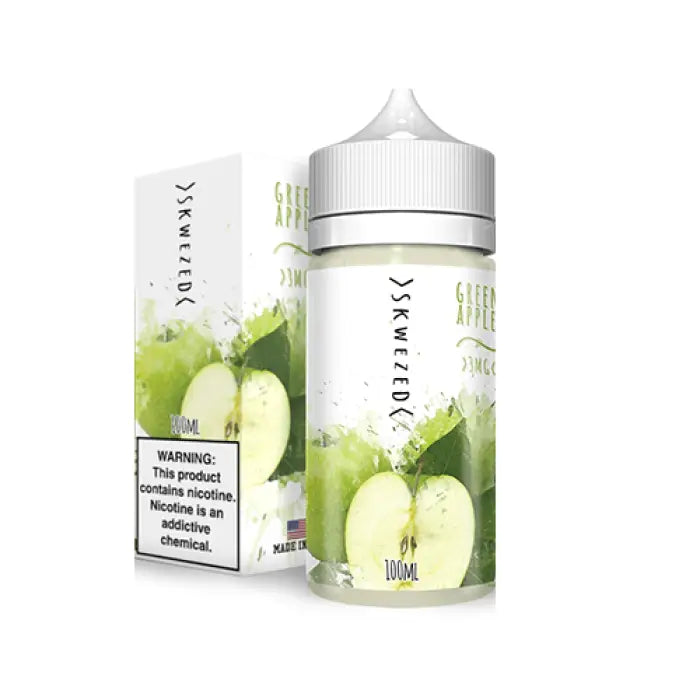 Bottle of green apple-flavored e-liquid or vape juice with its packaging.