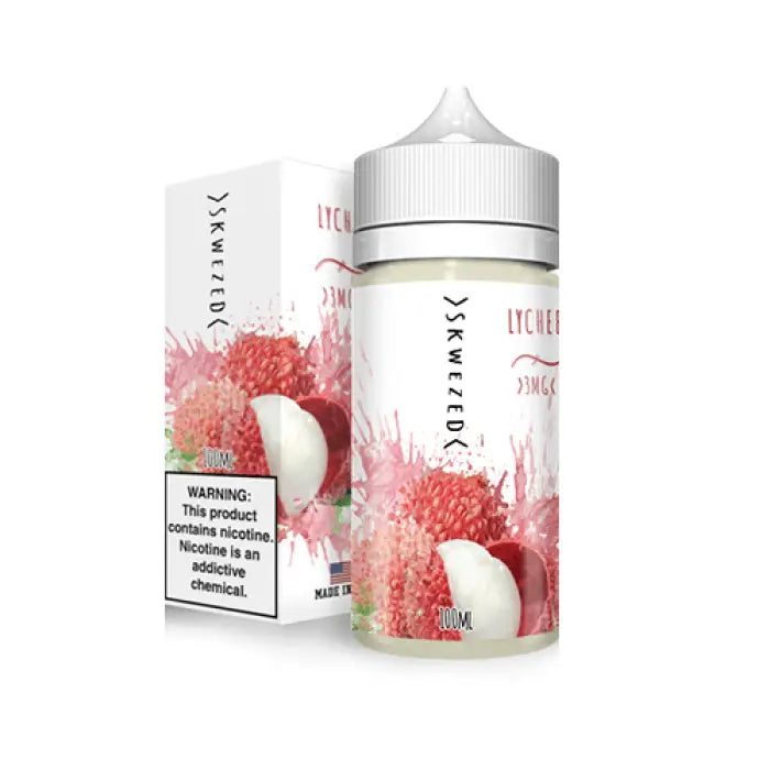 Bottle of e-liquid featuring lychee and rambutan fruit flavors with a warning label.