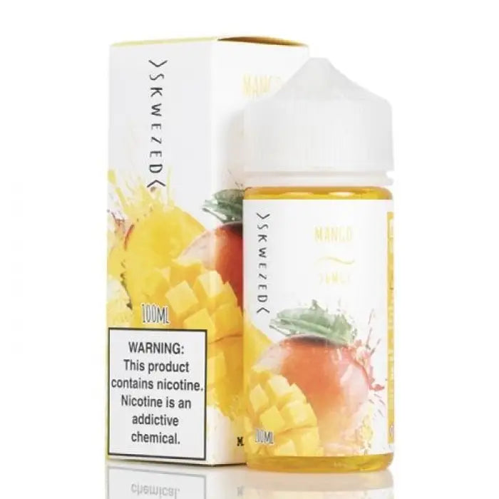 Bottle of e-liquid or vape juice with tropical fruit flavoring and its packaging.