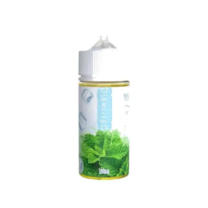 Bottle of e-liquid or vape juice with a mint or menthol flavor depicted on the label.