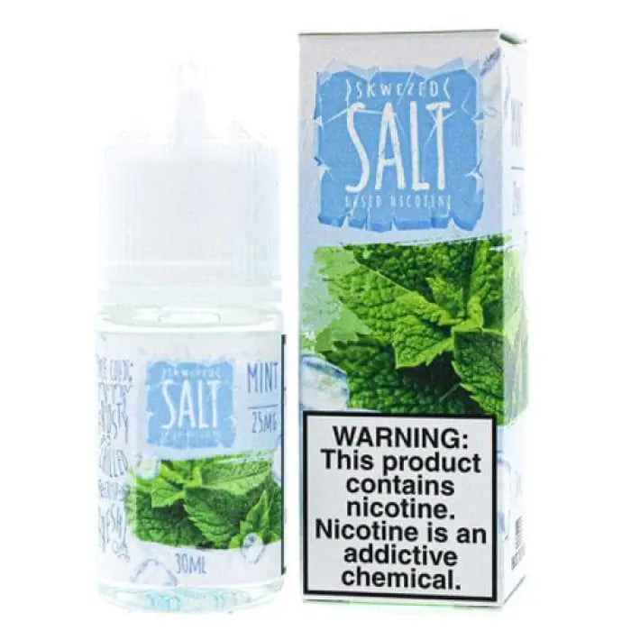 Bottle and packaging of mint-flavored nicotine salt e-liquid.