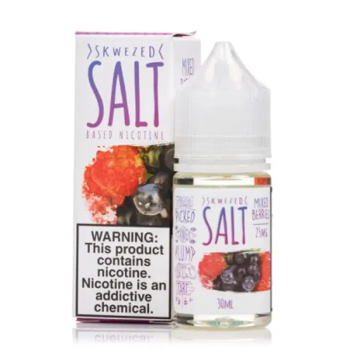 Bottle of e-liquid labeled ’Skwezed Salt’ with fruit imagery on the packaging.