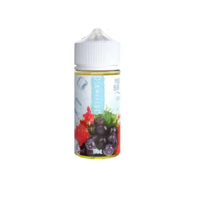 Bottle of e-liquid or vape juice with fruit imagery on the label.