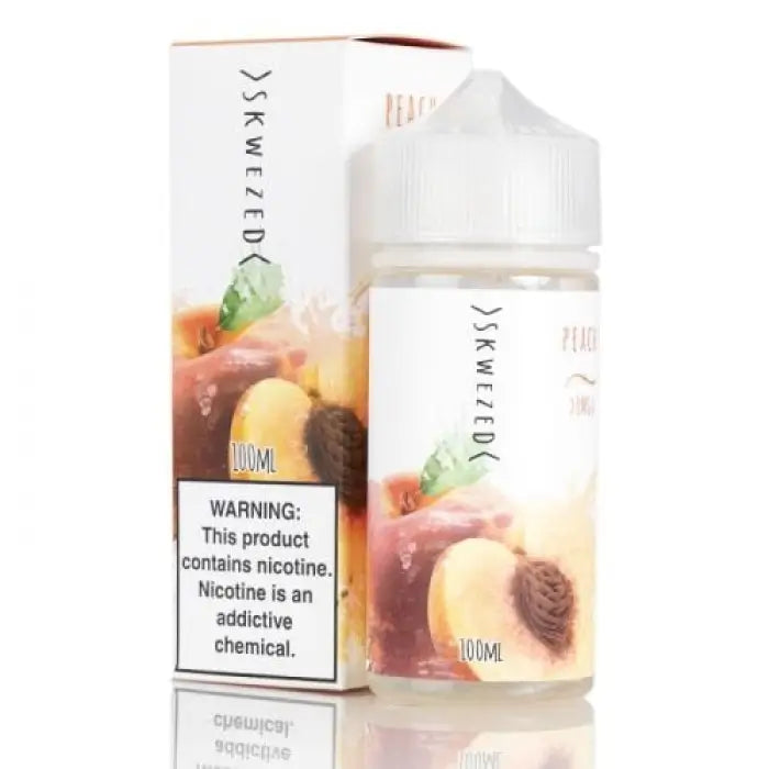 E-liquid bottle with fruit-themed packaging and a nicotine warning label.