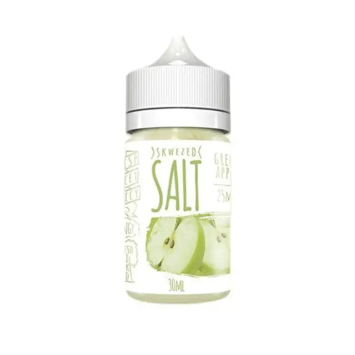 Bottle of salt-based e-liquid with green apple flavor.