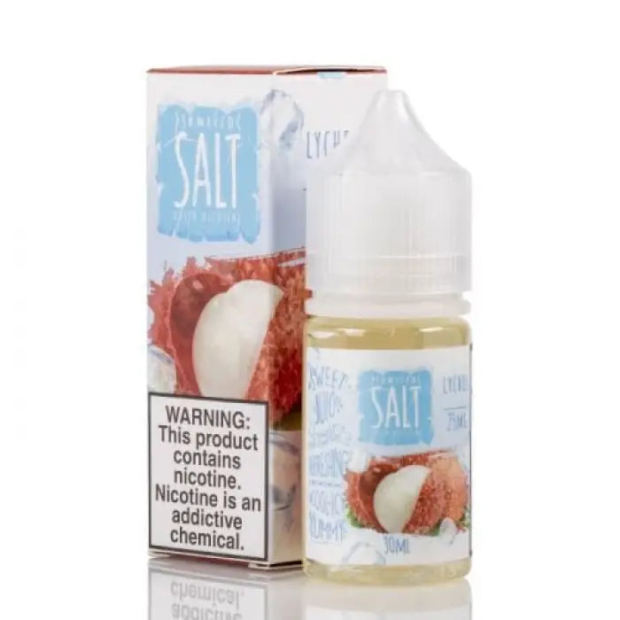 Bottle of lychee-flavored nicotine e-liquid with its product packaging.