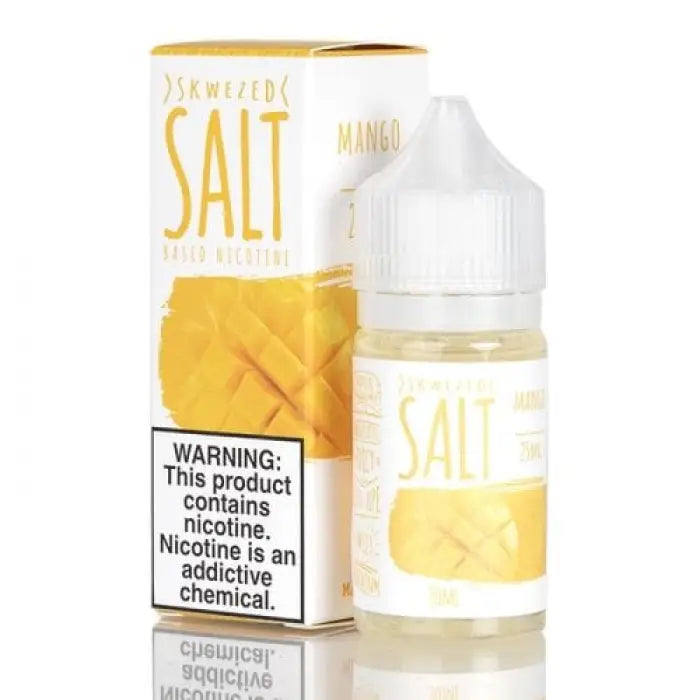 Bottle of e-liquid labeled ’SALT’ with a yellow mango design on the packaging.