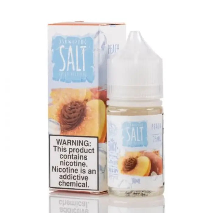 Bottle of peach-flavored e-liquid or vape juice with its packaging.