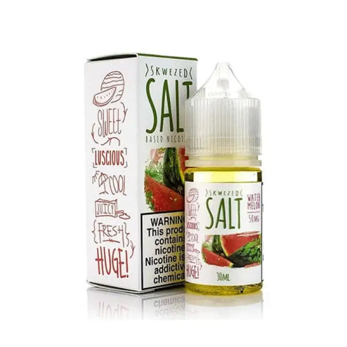 Bottle of flavored salt e-liquid with its product packaging.