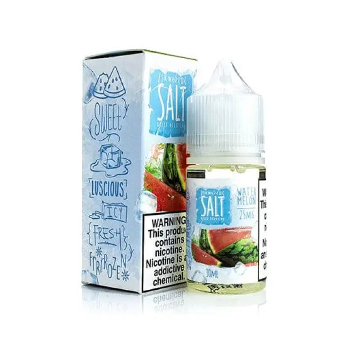 E-liquid bottle for vaping with watermelon flavor packaging.