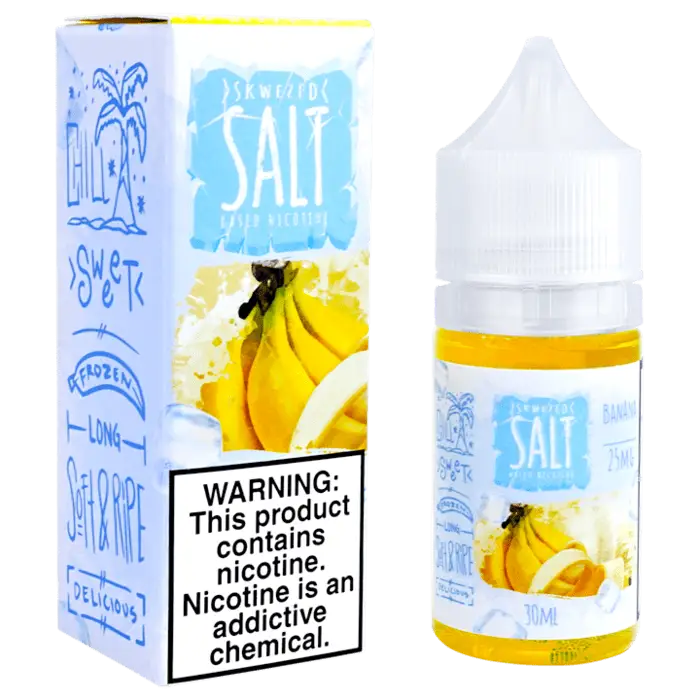 Bottle of banana-flavored e-liquid or vape juice with its packaging.