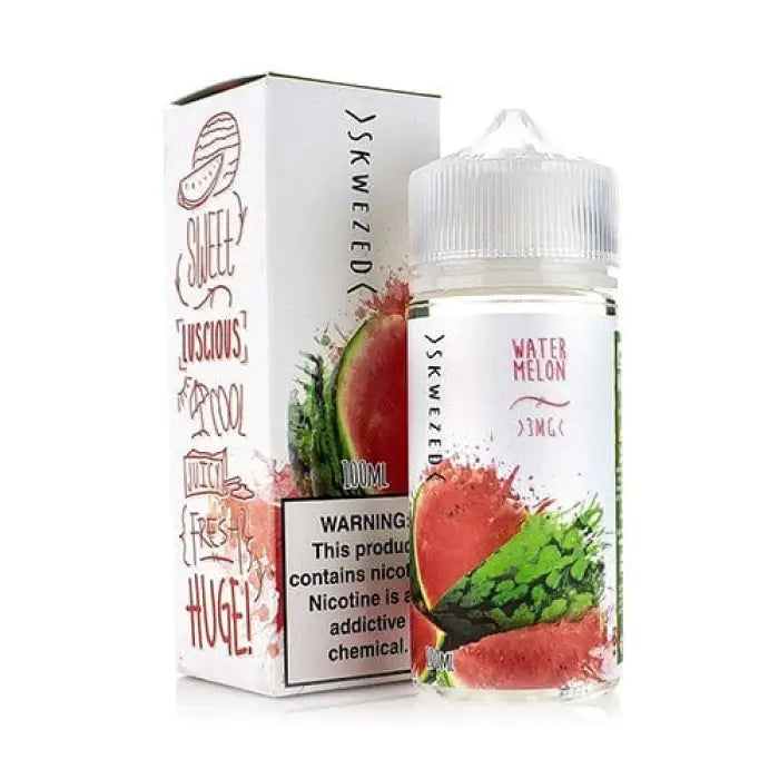 E-liquid bottle for vaping with watermelon flavor, accompanied by its product packaging.