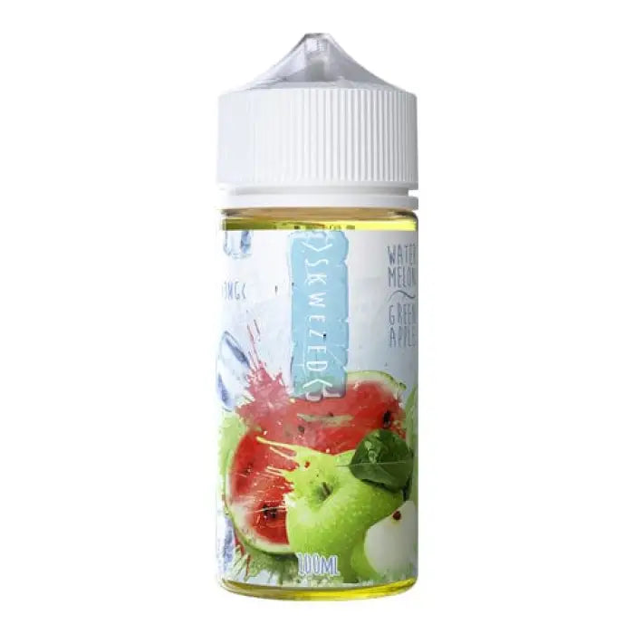 E-liquid bottle for vaping with fruit flavor illustrations on the label.