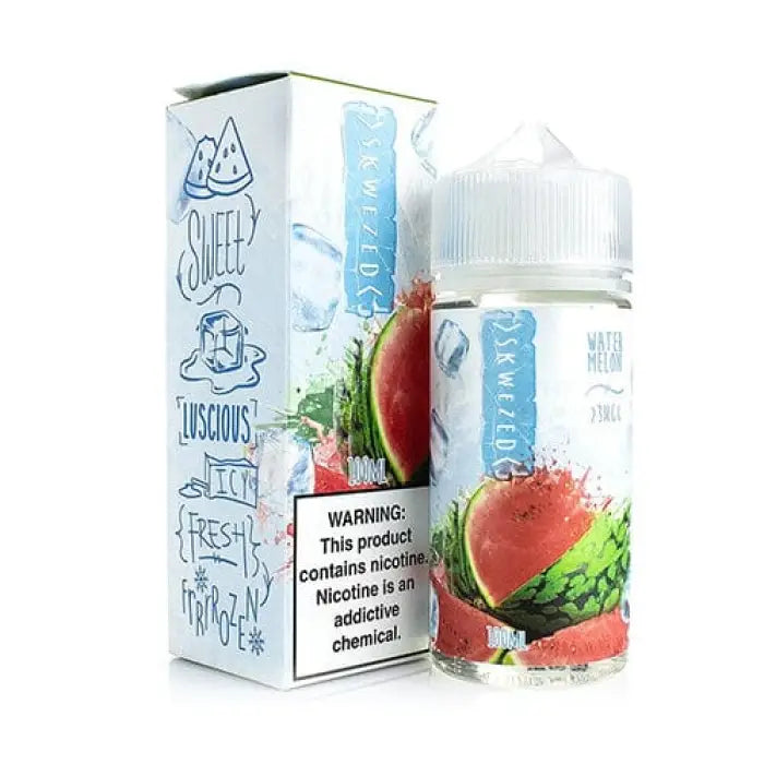 Bottle of e-liquid with watermelon flavor packaging and warning label.