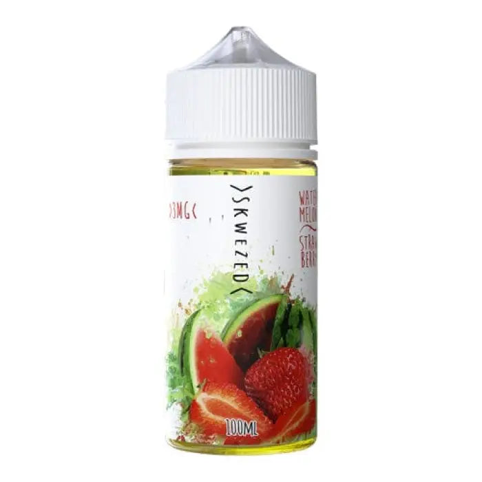 Bottle of fruit-flavored e-liquid or vape juice featuring watermelon and strawberry imagery.