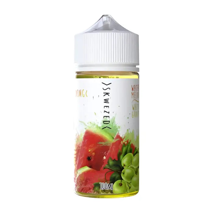 Bottle of e-liquid featuring watermelon and grape flavors.