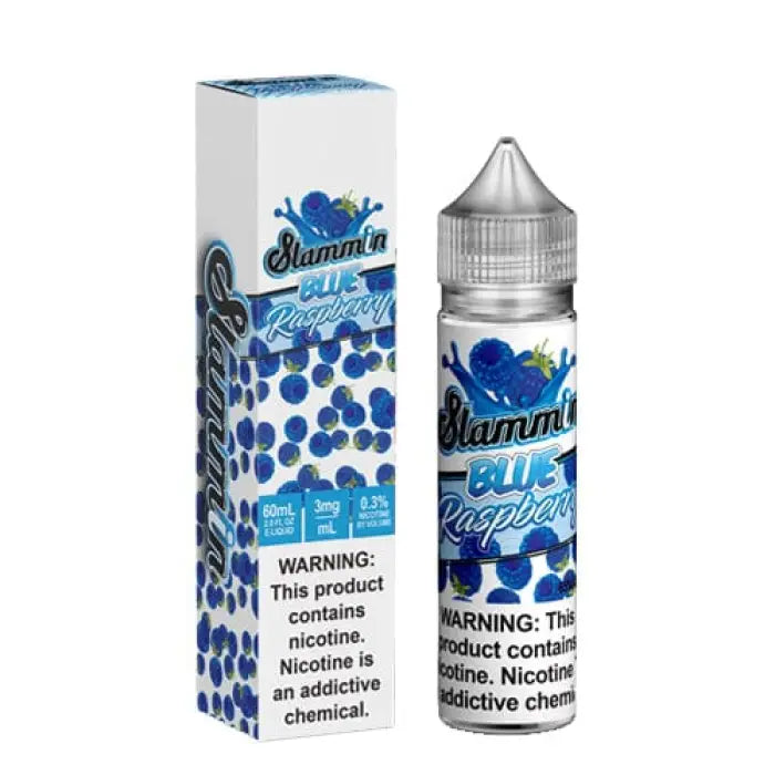 E-liquid bottle and packaging for ’Slammin Blue Raspberry’ vape juice with prominent nicotine warnings.