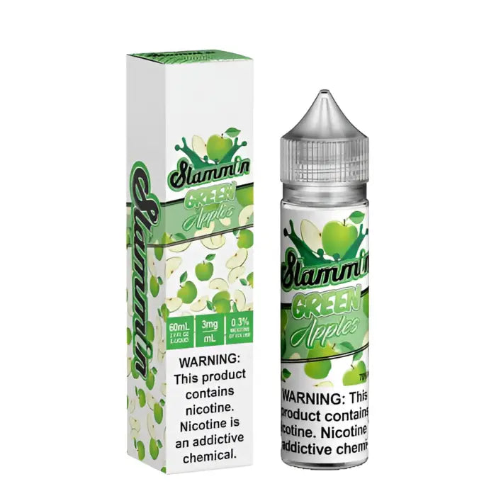 E-liquid bottle and packaging for a green apple flavored vape juice product called ’Slammin’’.