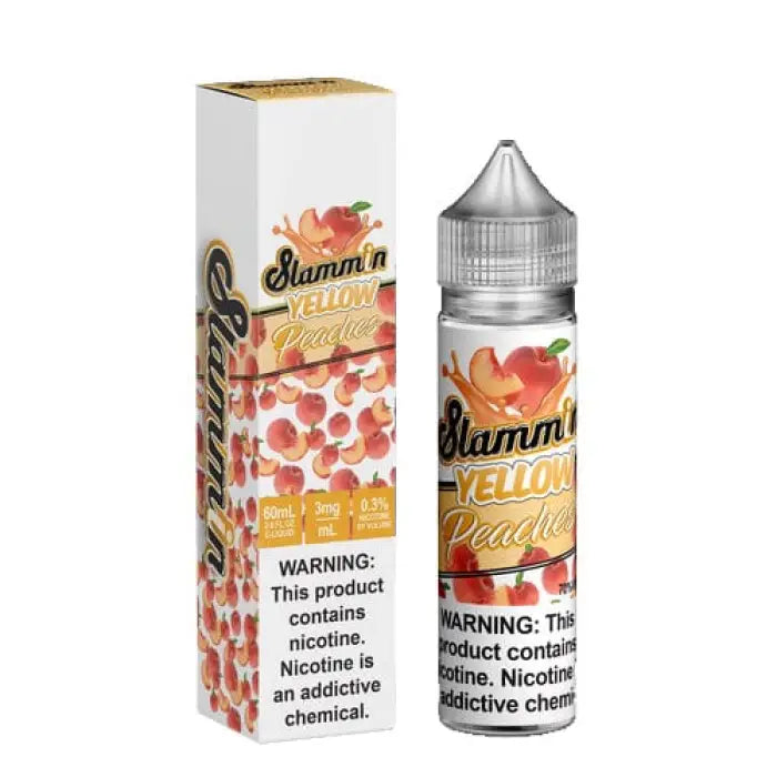 E-liquid bottle and packaging for a peach-flavored vape juice called ’Oumm’n Peach’.