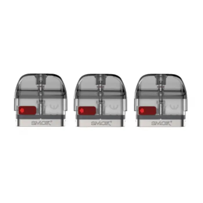 Three identical transparent vape pods or cartridges with red internal components.