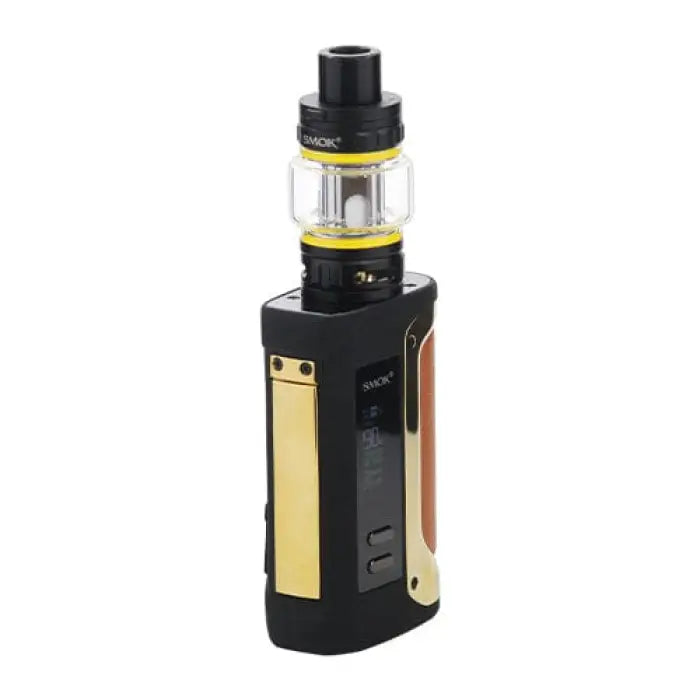 Electronic vaping device with a black and gold body and a clear tank on top.