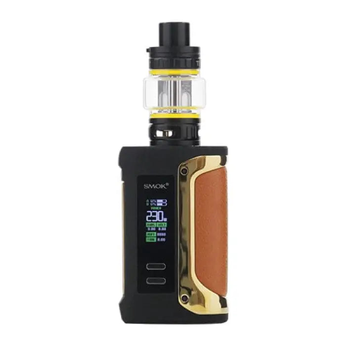 Electronic vaping device with a black and gold body, digital display screen, and glass tank on top.