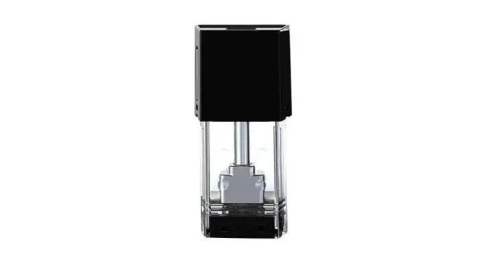 Electronic vaping device with a transparent cartridge and black top section.