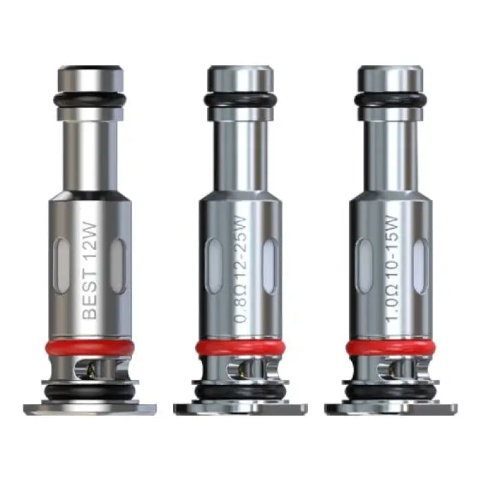 Three cylindrical metal vaping coils or atomizer heads with red bands and labeled wattages.