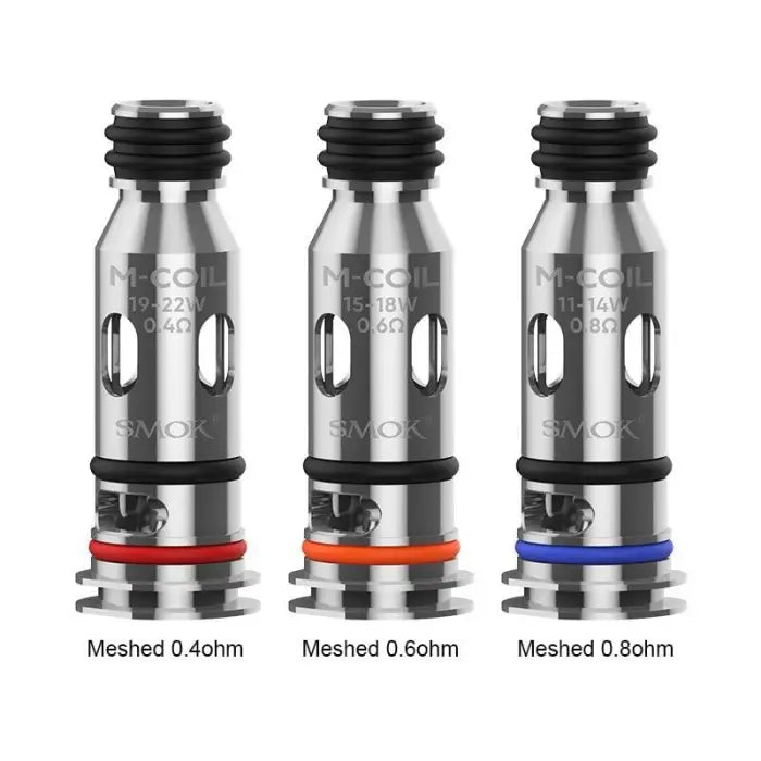 Three vaping coils or atomizer heads with different mesh resistances.