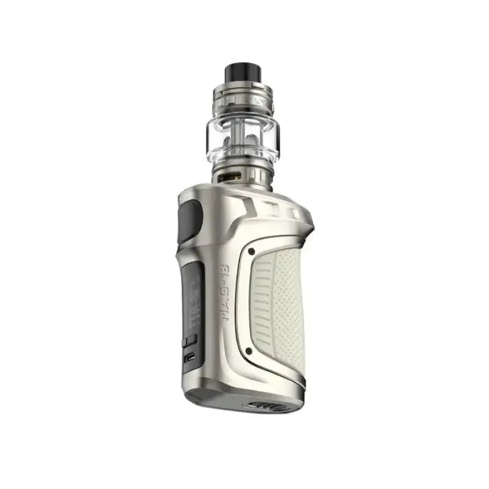 Electronic vaping device with a silver and white body and a glass tank on top.