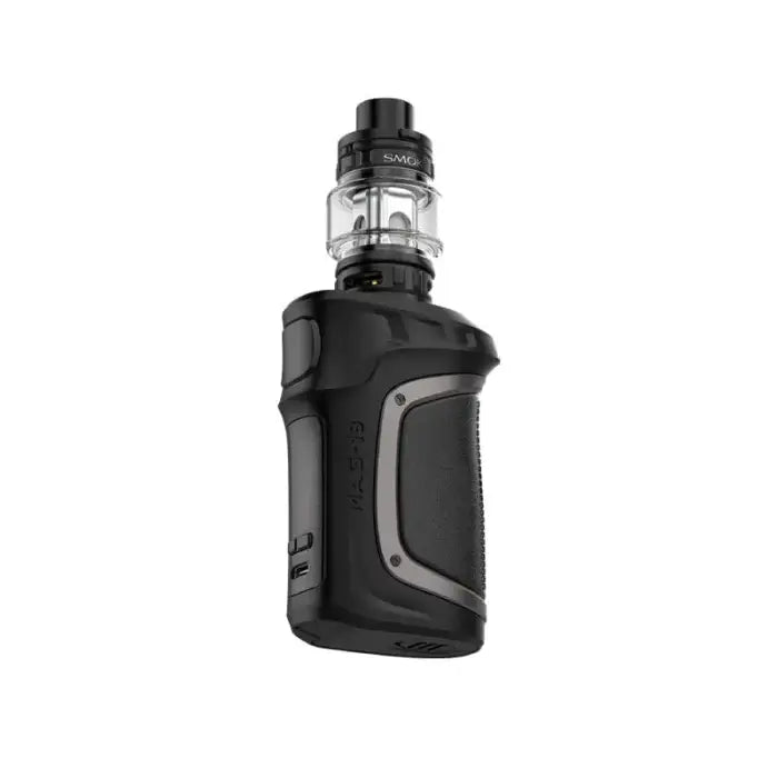 Electronic vaping device with a black body and clear tank section.