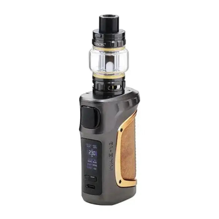 Electronic vaping device with a digital display and wood-grain accent panel.